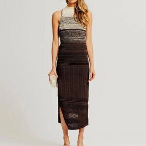 Torn By Ronny Kobo Amber Midi Dress XS Brown Cream Slit Crochet Knit Bodycon